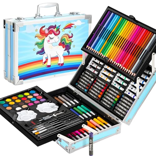 145 Pieces Art Set for Kids with Unicorn Theme Storage Case, Art and Craft Supplies Kit for Drawing and Painting with Oil Pastel, Water Color, Color Pencils, Sketch Pen (Pack of 1, Pink)