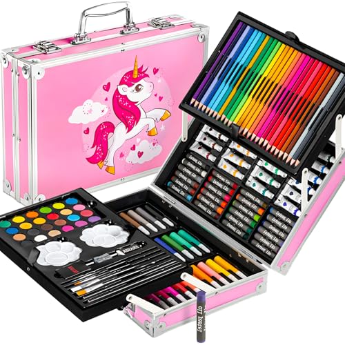 145 Pieces Art Set for Kids with Unicorn Theme Storage Case, Art and Craft Supplies Kit for Drawing and Painting with Oil Pastel, Water Color, Color Pencils, Sketch Pen (Pack of 1, Pink)