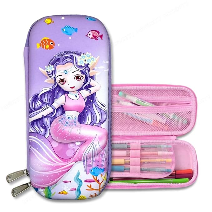 3D Embossed EVA Pencil Pouch/Pencil Case/Pencil Box, Perfect School Organizer for Kids, Girls, Boys Pen & Pencil Holder with Multipurpose Large Capacity Mesh Pockets (Purple, Mermaid)