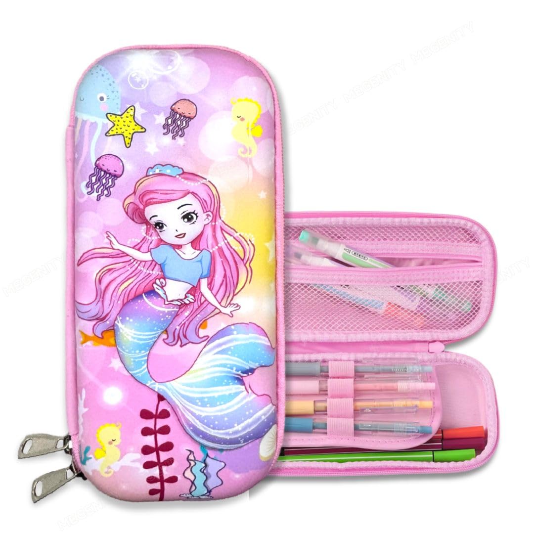 3D Embossed EVA Pencil Pouch/Pencil Case/Pencil Box, Perfect School Organizer for Kids, Girls, Boys Pen & Pencil Holder with Multipurpose Large Capacity Mesh Pockets (Purple, Mermaid)