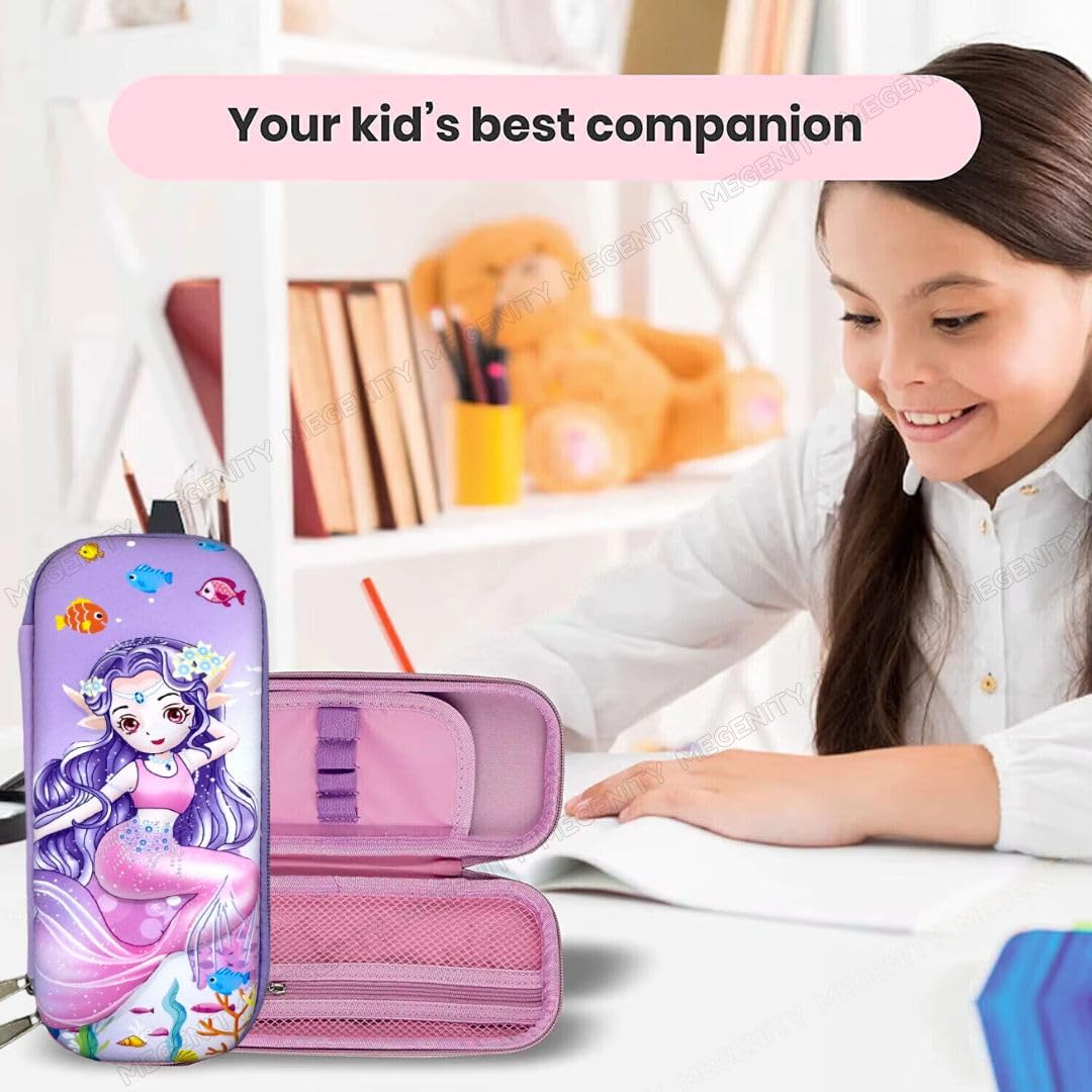 3D Embossed EVA Pencil Pouch/Pencil Case/Pencil Box, Perfect School Organizer for Kids, Girls, Boys Pen & Pencil Holder with Multipurpose Large Capacity Mesh Pockets (Purple, Mermaid)