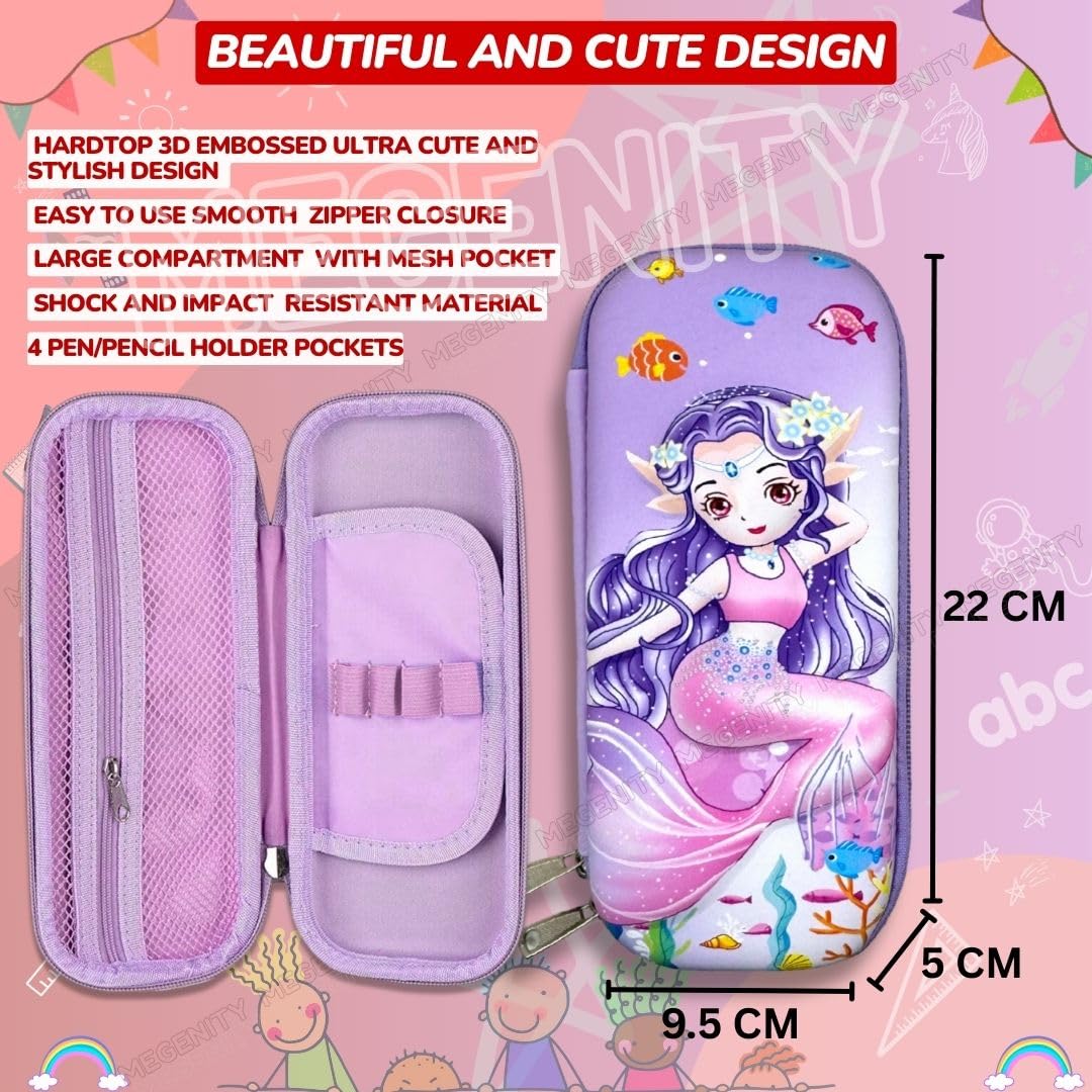 3D Embossed EVA Pencil Pouch/Pencil Case/Pencil Box, Perfect School Organizer for Kids, Girls, Boys Pen & Pencil Holder with Multipurpose Large Capacity Mesh Pockets (Purple, Mermaid)