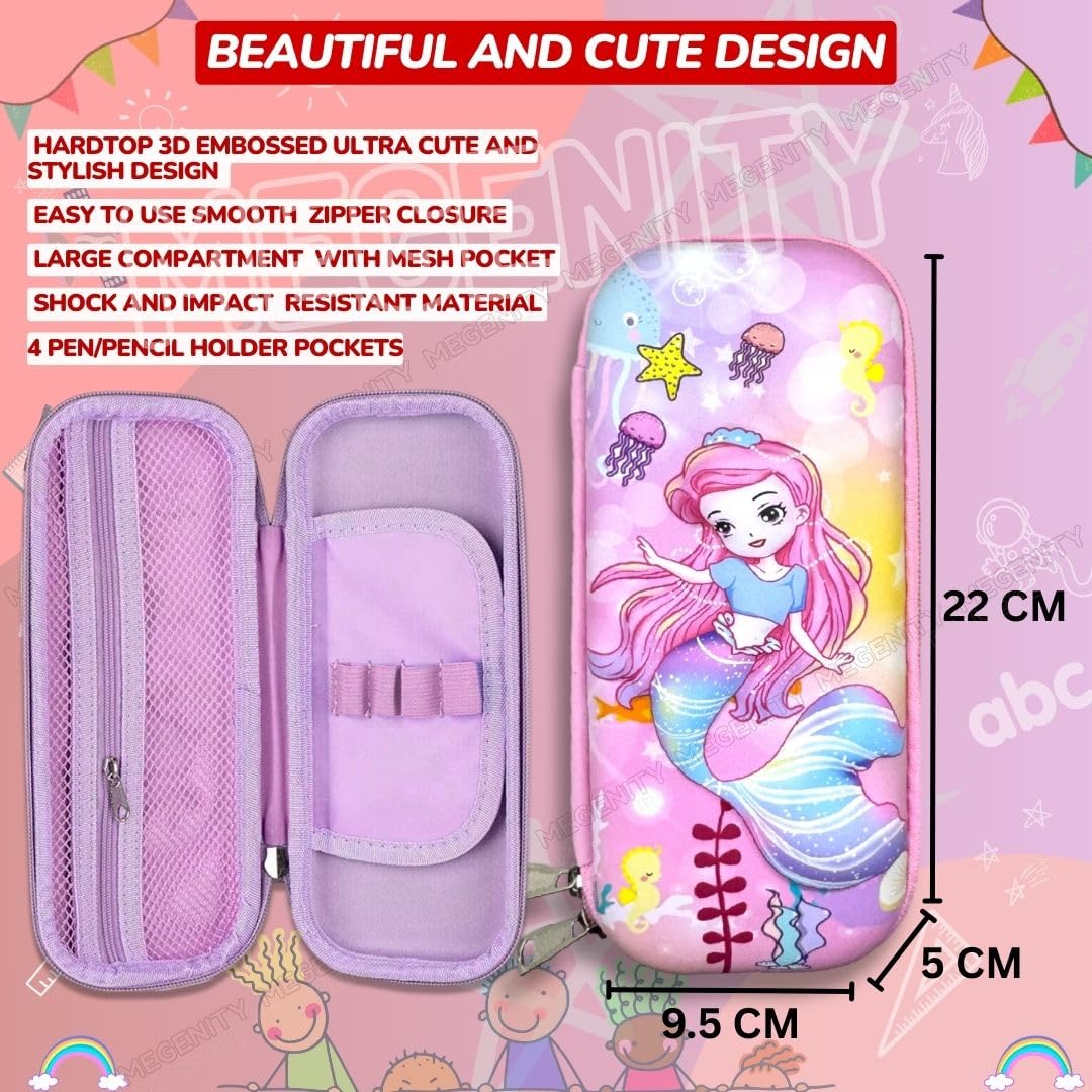 3D Embossed EVA Pencil Pouch/Pencil Case/Pencil Box, Perfect School Organizer for Kids, Girls, Boys Pen & Pencil Holder with Multipurpose Large Capacity Mesh Pockets (Purple, Mermaid)